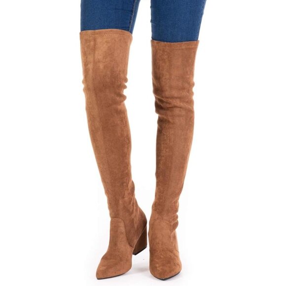 Women Brown 3"heel Over the Knee Thigh High Suede Block Long Pointed toe Boots - Picture 7 of 7